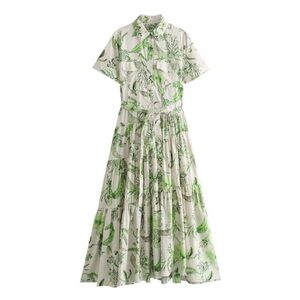 Zara Green and White Pleated Maxi Dress